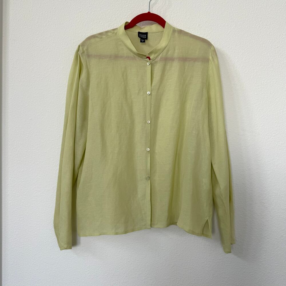 EILEEN FISHER‎ Celadon Silk Linen Button Front Blouse Green Top Women L